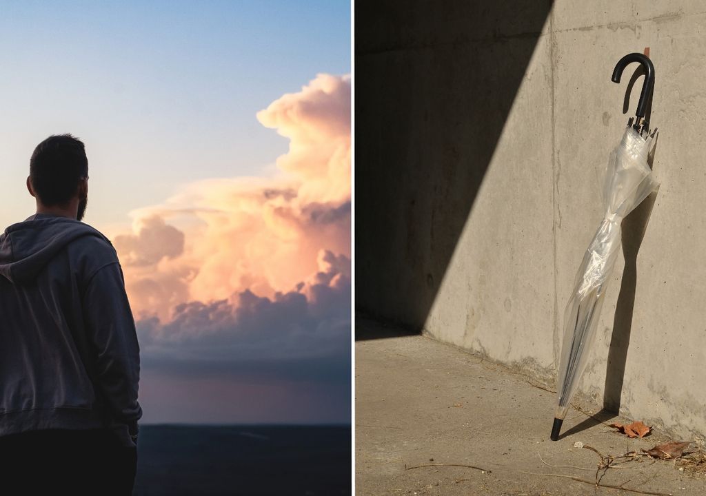 persona mirando hacia las nubes y un paraguas apoyado en una pared