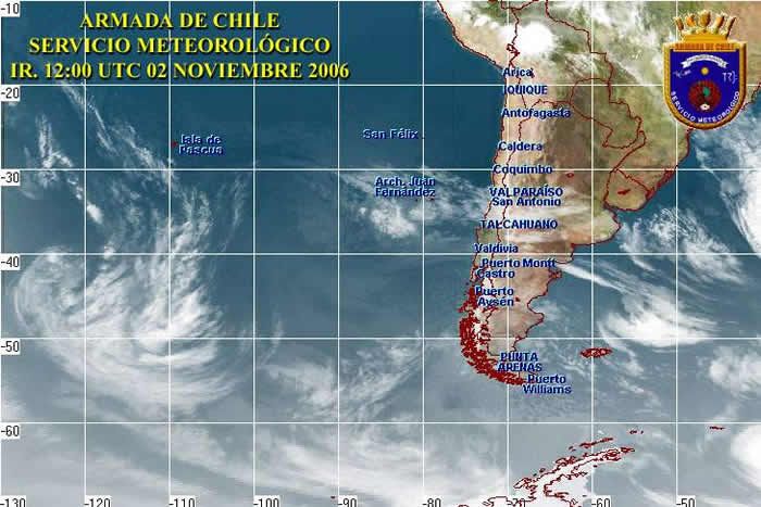 RAM El sitio que os remitimos y presentamos (DIRECTEMAR) es un portal oficial, propiedad de la Dirección del Territorio Marítimo y Marina Mercante que es la autoridad marítima en Chile. Depende directamente de la Armada y emite Pronósticos marítimos para todo el territorio nacional chileno.En su link "el tiempo", puedes encontrar la carta sinóptica, detallada, con su interpretación en el sub link "pronóstico general marítimo, versión original del pronóstico", que puede ser complementado con las imágenes satelitales. Encontrarás los horarios en que es emitida cada una de esas herramientas del pronóstico, así como la descripción de los avisos de mal tiempo para las distintas zonas meteorológicas.Tanto las cartas como las imágenes satelitales aparecen muy claras, yno sólo sirven para Chile sino para todo el hemisferio.Aparecen también links asociados, entre ellos del SHOA (Servicio Hidrográfico y Oceanográfico de la Armada).No esta de más presentar portales de zonas alejadas de España. Siempre podremos encontrarles utilidad, y además están en castellano.Como ejemplo ponemos algunas cartas que puedes ver en este portal.Todas las cartas e imágenes se han tomado del portal de Directemar:http://www.directemar.cl/