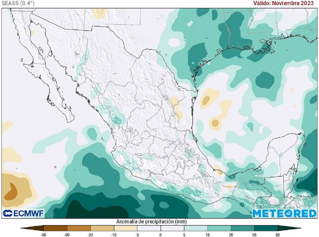 Modelo ECMWF - anomalía de lluvias para noviembre de 2023