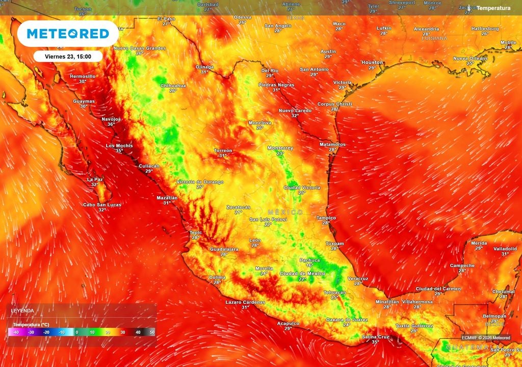Pronóstico de temperaturas en grados Celsius Ambiente templado en promedio dominará en próximos días, aunque el calor seguirá en el noroeste y sureste con más de 35 °C, siendo menores en el resto del país.