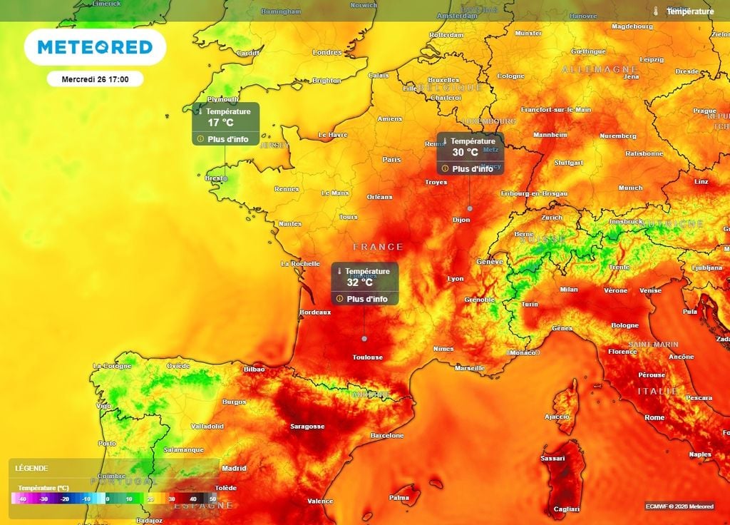 Un contraste entre la chaleur et l'air océanique est prévu en France le mercredi 26 août Un contraste entre la chaleur et l'air océanique est prévu en France le mercredi 26 août