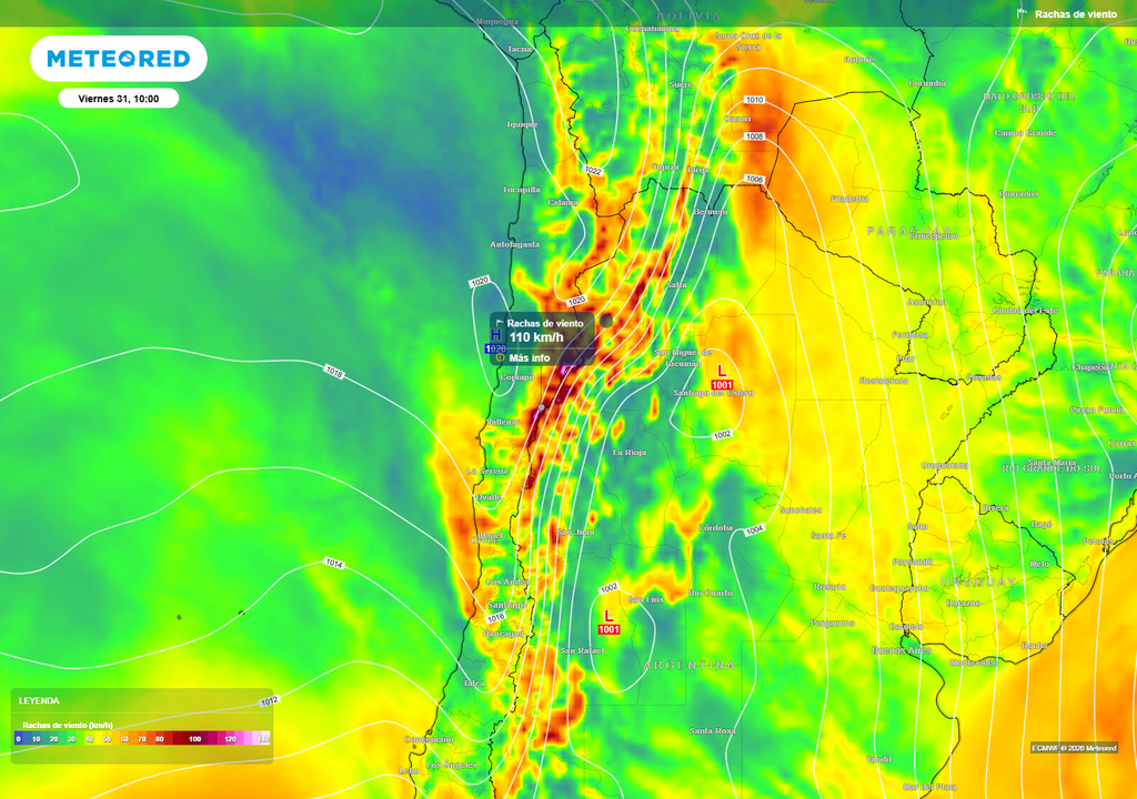 El intenso gradiente de presión impulsará fuertes vientos durante el viernes 31 de julio, con rachas que podrían superar los 100 km/h en sectores cordilleranos del norte y centro de Chile, acompañando el avance del sistema frontal.