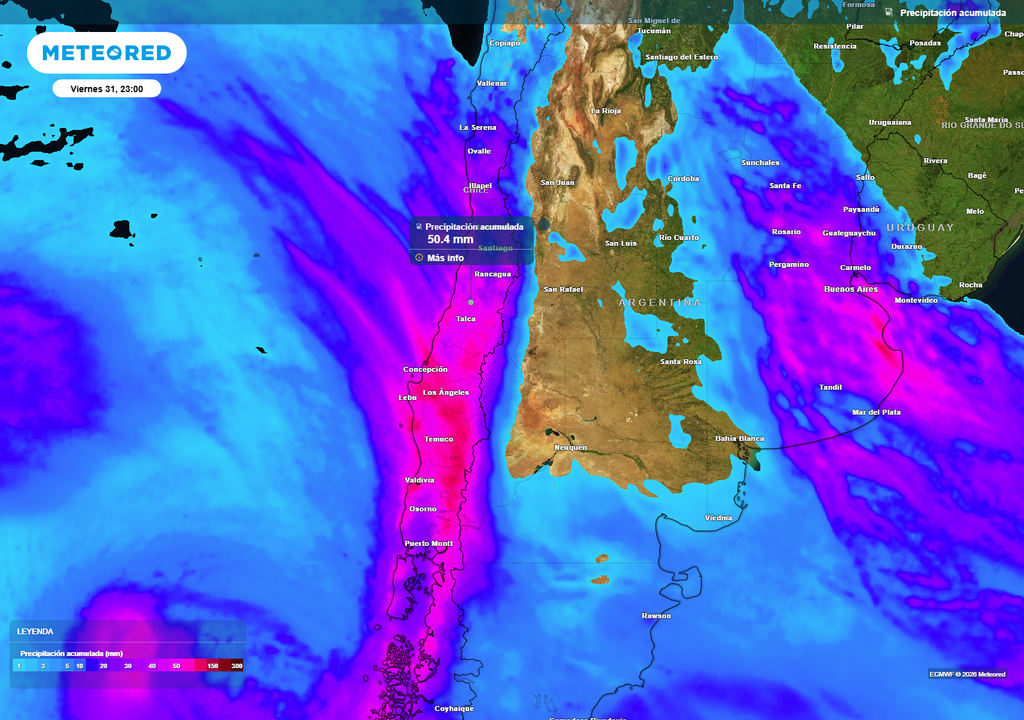 El sistema frontal dejará los mayores acumulados de lluvia entre Maule y Los Lagos hasta el viernes 31 de julio, aunque las precipitaciones también avanzarán hacia Coquimbo e incluso sectores de Atacama.