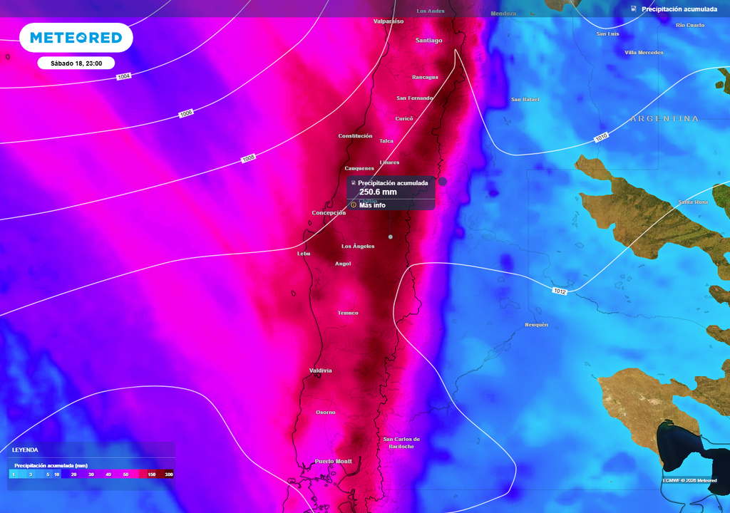 precipitación acumulada. El modelo de Meteored proyecta acumulados muy elevados de precipitación en sectores del centro-sur de Chile, con registros que podrían superar los 200 mm hacia el cierre de la semana.