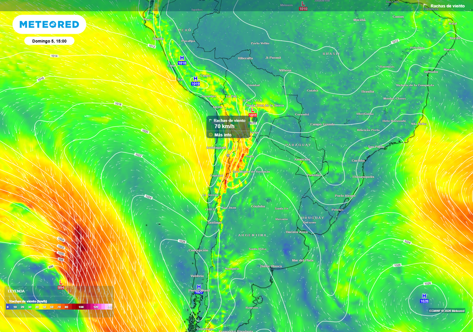 mapa de ráfagas de viento. Rachas de viento cercanas a 70 km/h se proyectan sobre sectores cordilleranos del norte, asociadas a la corriente en chorro y con probabilidad de tormentas de arena.