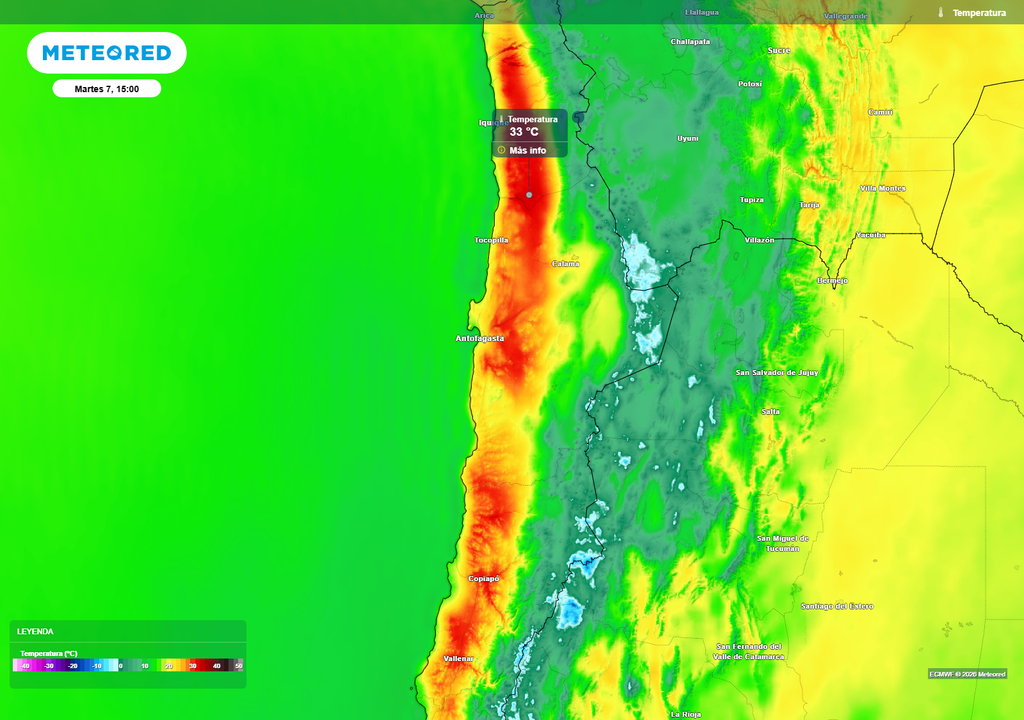 mapa de temperatura. Altas temperaturas dominarán el norte del país, con valores cercanos a 33 °C en sectores interiores de Tarapacá y una extensa franja cálida entre Antofagasta y Atacama.