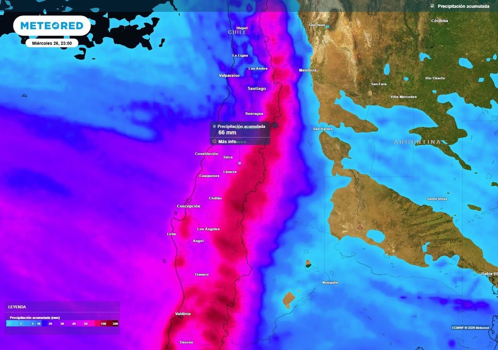 El modelo proyecta acumulados importantes de precipitación entre la zona central y sur entre martes y miércoles, con sectores de la precordillera de Maule y Ñuble que podrían superar los 60 mm, en línea con las alertas meteorológicas emitidas por la DMC.