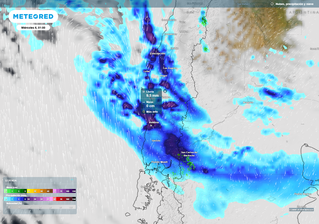 Lluvias se intensifican entre La Araucanía y Los Ríos durante la madrugada del miércoles, con núcleos más activos y acumulados significativos en corto tiempo.