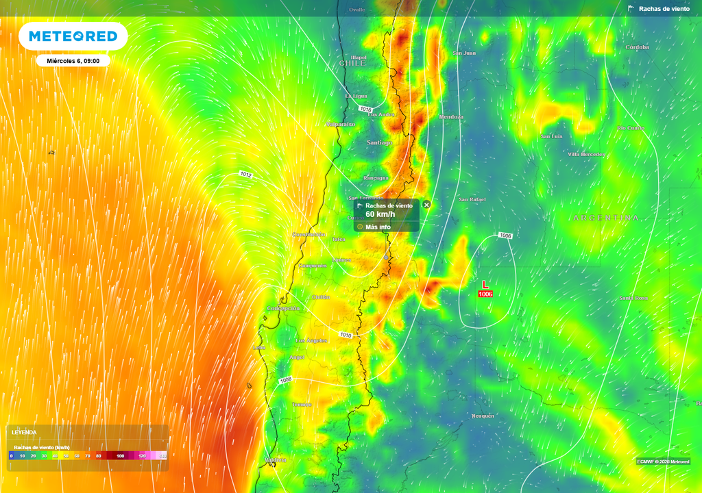 Rachas de viento alcanzan hasta 60 km/h en la zona centro-sur durante el miércoles, impulsadas por el avance del sistema frontal.