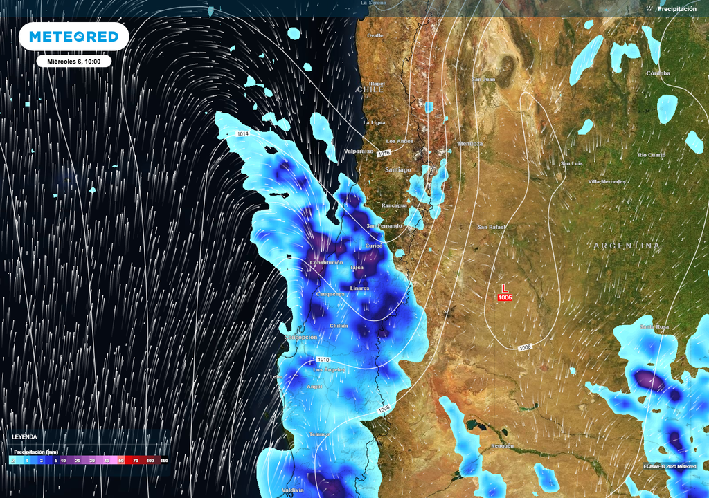 Banda de precipitaciones se intensifica entre Maule y Biobío durante la mañana del miércoles, con lluvias persistentes y acumulados relevantes en corto periodo.