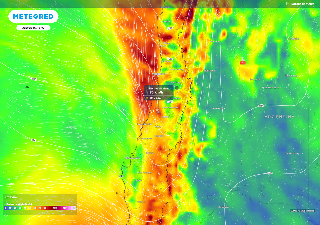 Durante la tarde del jueves, el sistema frontal intensificará el viento en la zona central, con rachas que podrían alcanzar cerca de 80 km/h en sectores de la zona central.