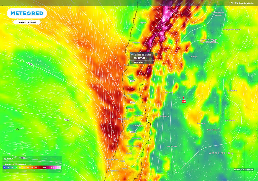 El avance del sistema frontal favorecerá un importante aumento del viento durante el jueves, con rachas que podrían alcanzar cerca de 90 km/h en sectores cordilleranos y superar los 70 km/h en distintas zonas del centro y norte del país.