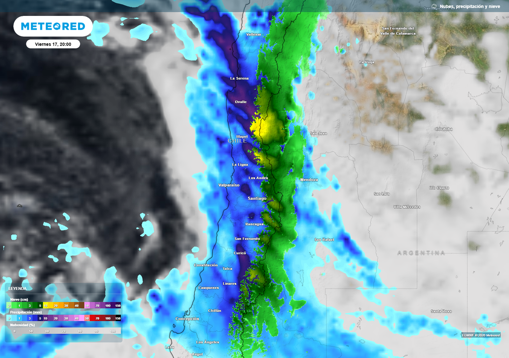 Durante el viernes, una extensa banda de precipitaciones cubrirá gran parte de la zona central, con lluvias intensas y persistentes entre Coquimbo y Biobío, además de abundantes nevadas en la cordillera.