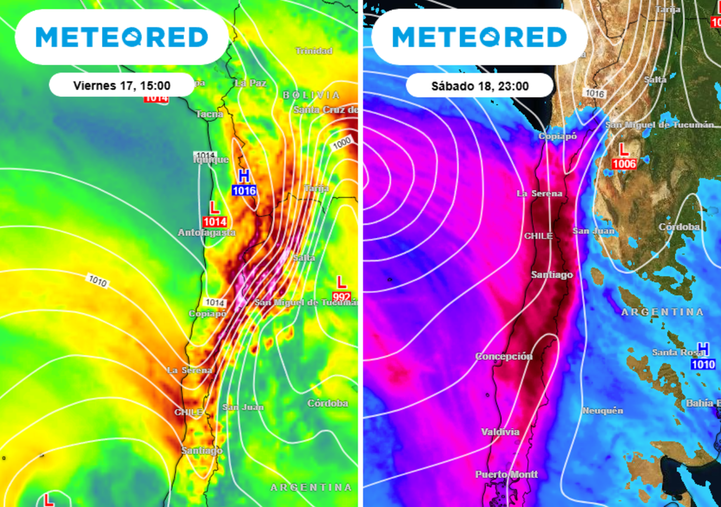 Sistemas frontales avanzarán acompañados por un intenso transporte de humedad y un marcado gradiente de presión, favoreciendo lluvias abundantes y fuertes rachas de viento entre el norte chico y la zona centro.