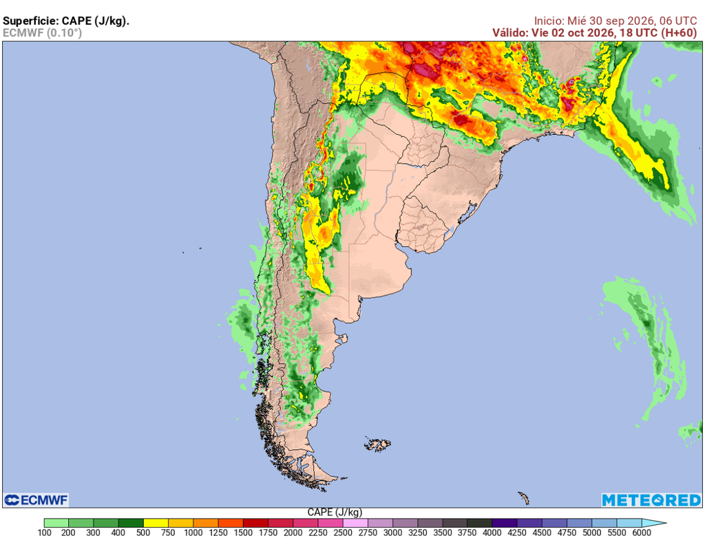 El modelo ECMWF muestra energía convectiva disponible (CAPE) sobre sectores desde el norte-chico al sur de Chile para este viernes, señal compatible con un ambiente inestable y favorable para el desarrollo de tormentas.