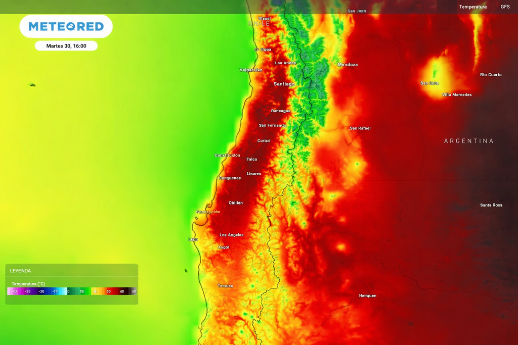 Mapa de temperatura del modelo GFS.