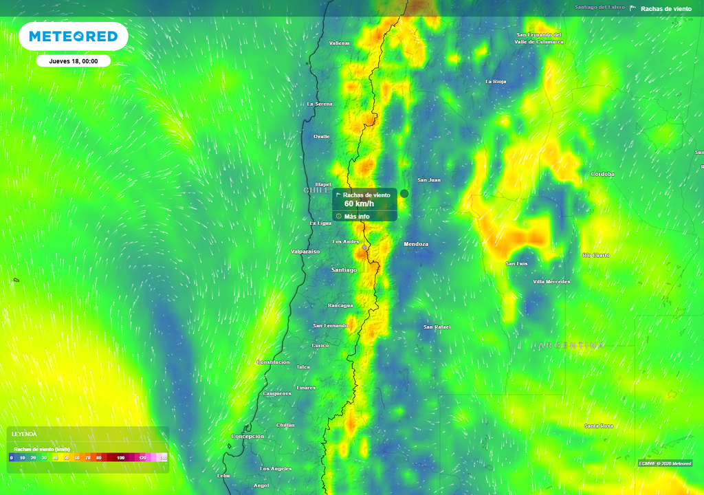 mapa de rachas de viento. Rachas de viento podrían alcanzar entre 40 y 60 km/h en cordillera de Valparaíso y la RM, mientras que en Coquimbo podrían llegar hasta 70 km/h por el borde de una baja segregada.
