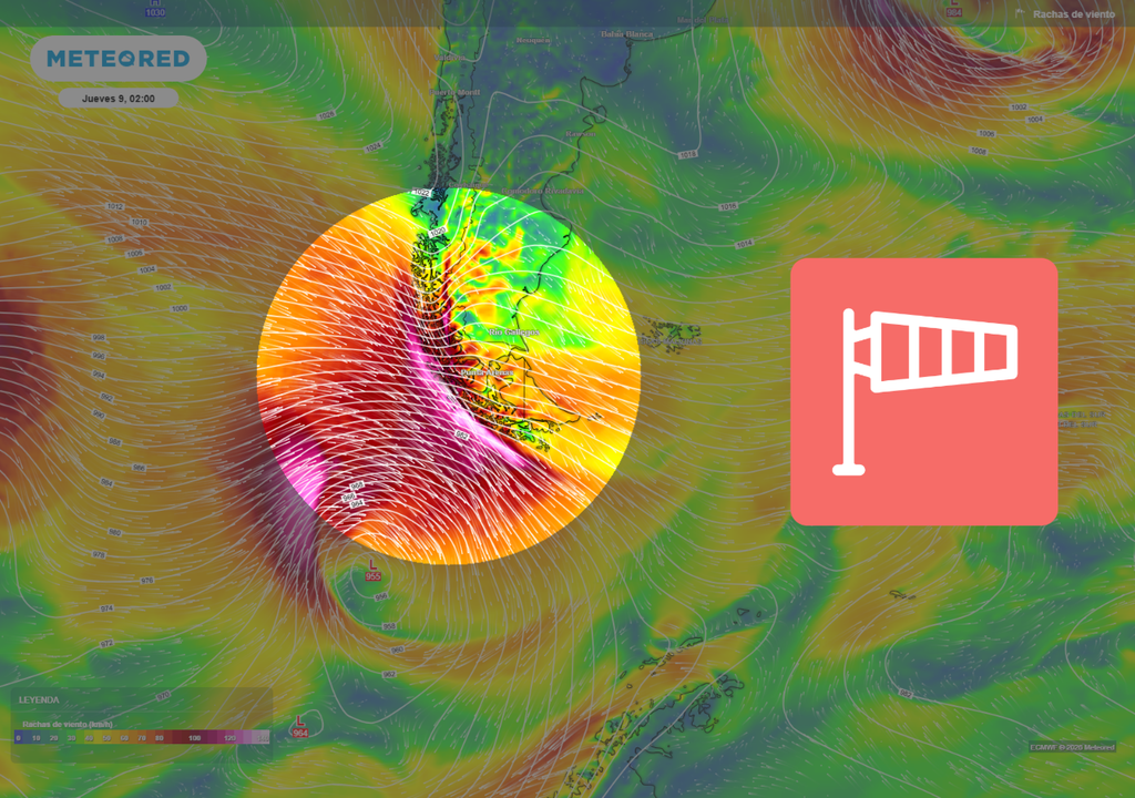 Intenso flujo de viento impactará Magallanes: el modelo muestra rachas más fuertes concentradas en el extremo sur durante la madrugada del jueves.