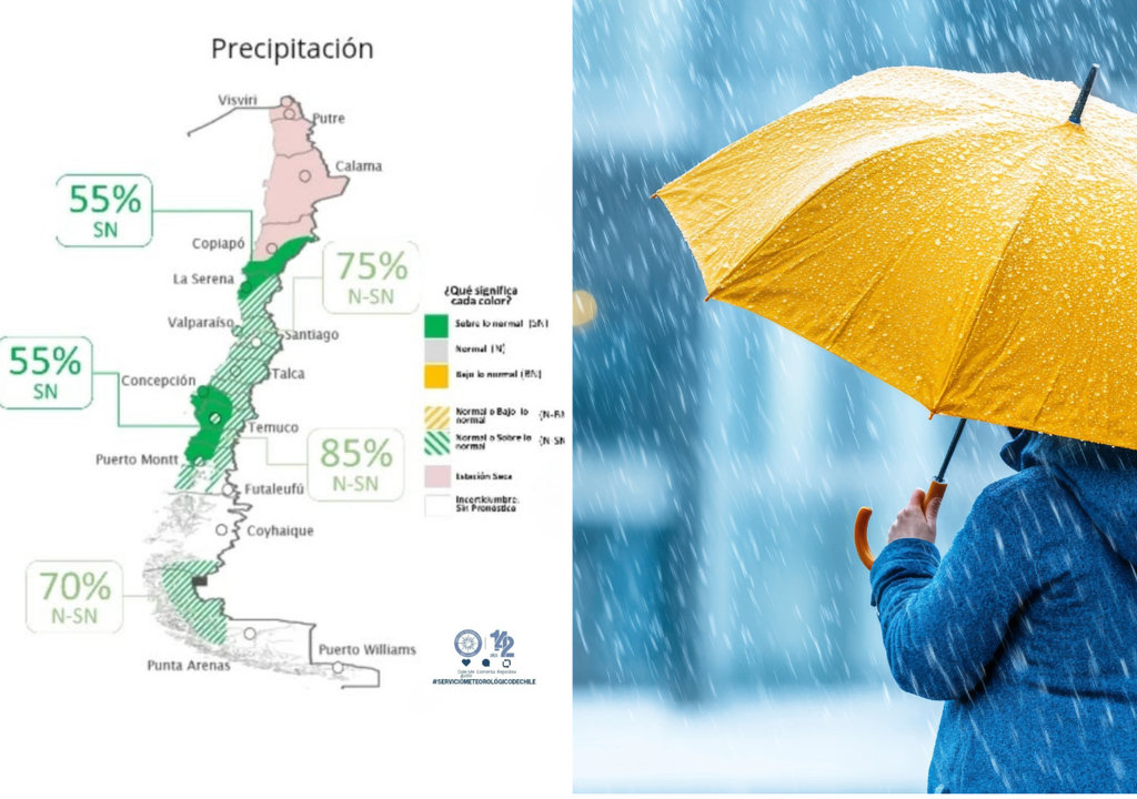 Probabilidad de precipitaciones sobre lo normal se extiende desde el norte chico hasta el sur de Chile, en un escenario que anticipa un invierno más lluvioso, especialmente en la zona centro-sur. DMC.