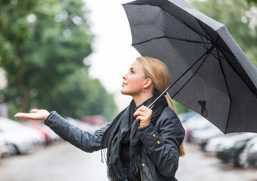 mujer y paraguas sin lluvia.