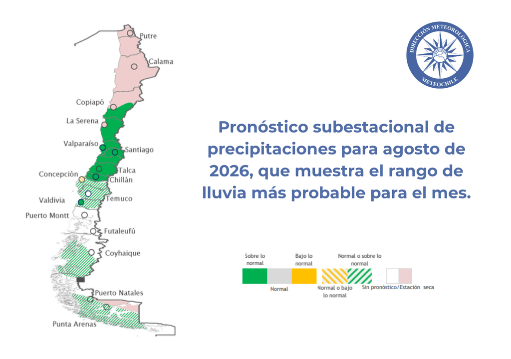 El pronóstico subestacional de la DMC muestra el escenario de precipitaciones más probable para agosto de 2026. Fuente: DMC.