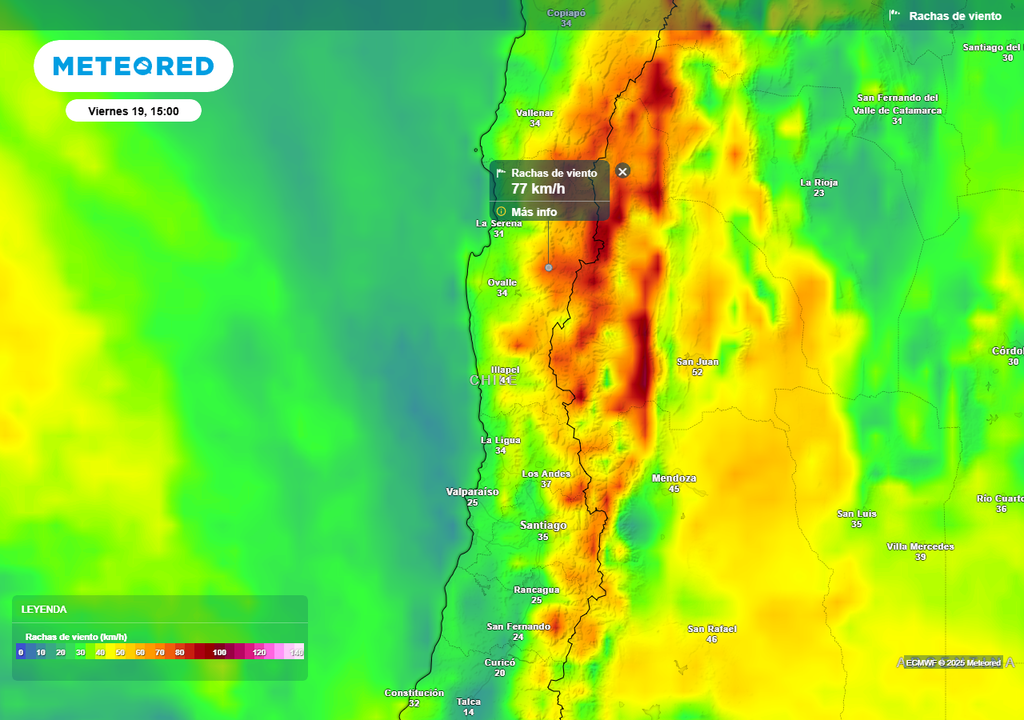 Aviso de la DMC por viento normal a moderado en las regiones de Coquimbo, Valparaíso y Biobío, Meteored, Chile Rachas de viento (km/h) para la tarde del viernes 19 de septiembre 2025 en las regiones de Coquimbo, Valparaíso y Metropolitana.