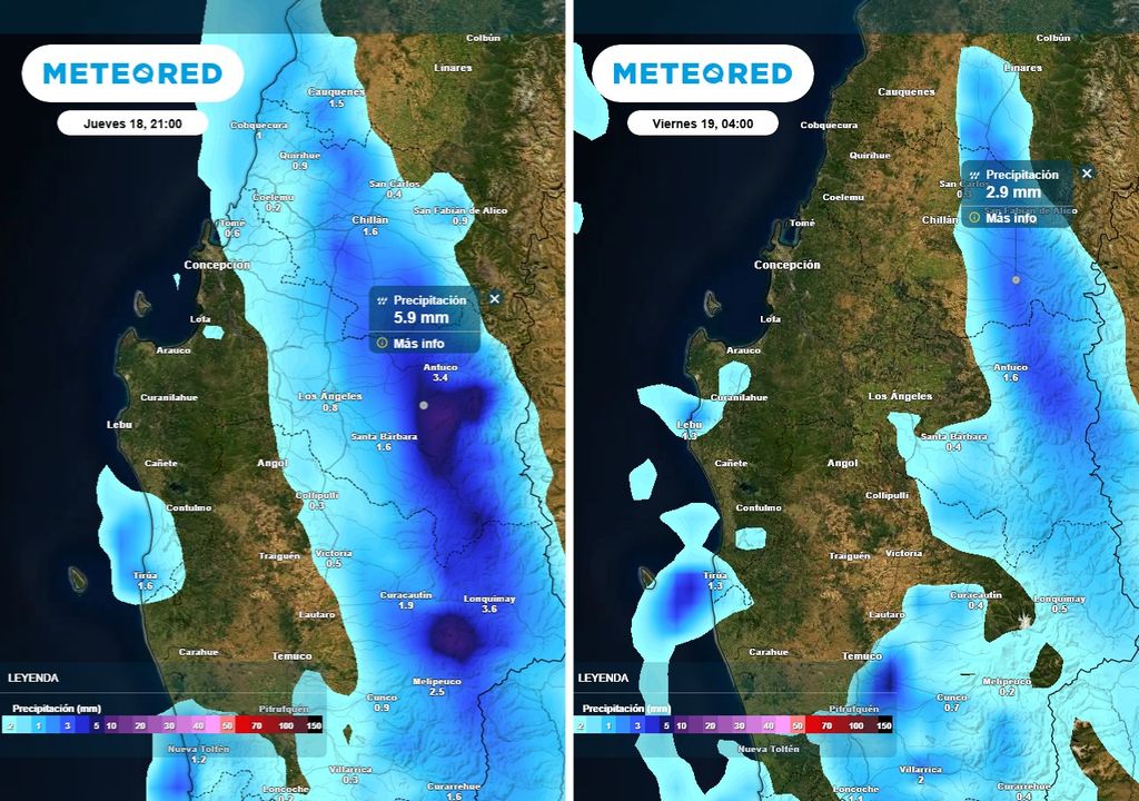 Lluvias en las regiones de Ñuble y Biobío, Meteored, Chile Precipitación (mm) para la noche del jueves 18 -imagen izquierda- y madrugada del viernes 19 de septiembre 2025 -imagen derecha- en las regiones de Ñuble y Biobío.