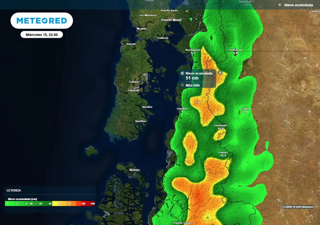 Nieve en la Región de Los Lagos, Sistema frontal, río atmosférico, Meteored, Chile