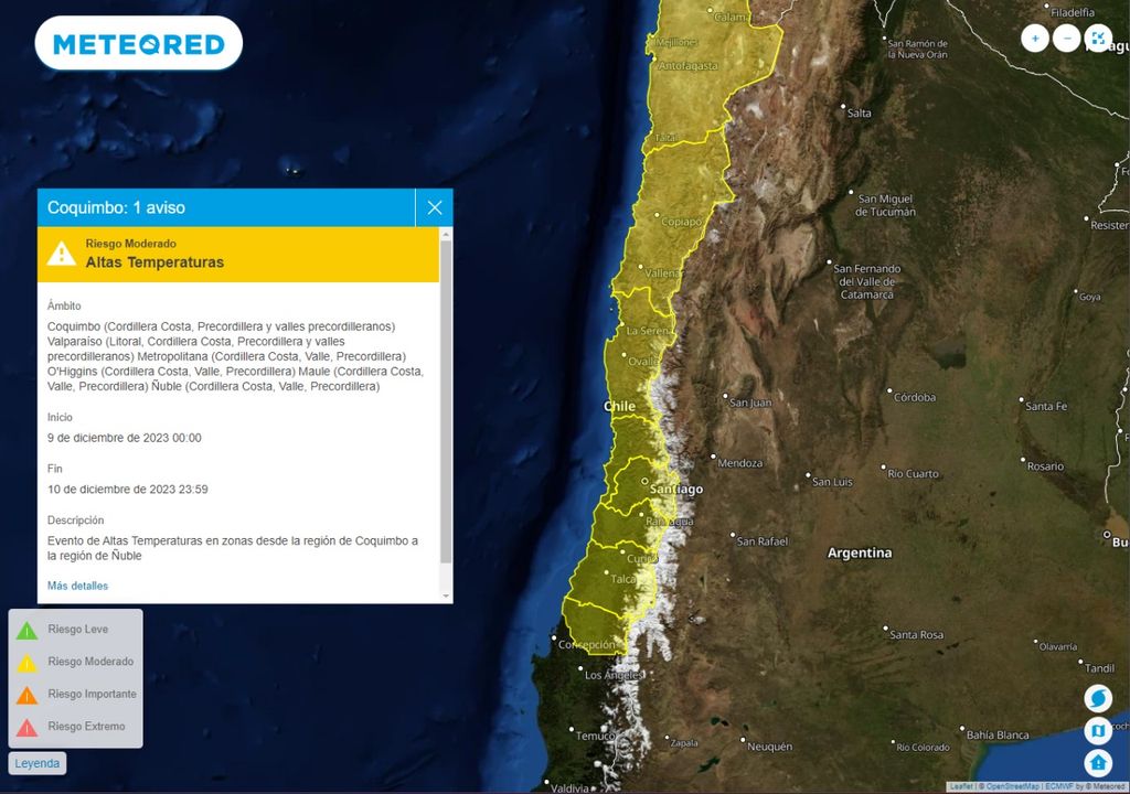 Avisos vigentes por altas temperaturas en Chile central