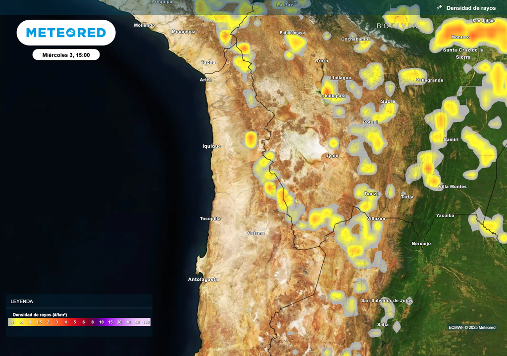 Densidad de rayos prevista para la tarde del miércoles 3 en el altiplano
