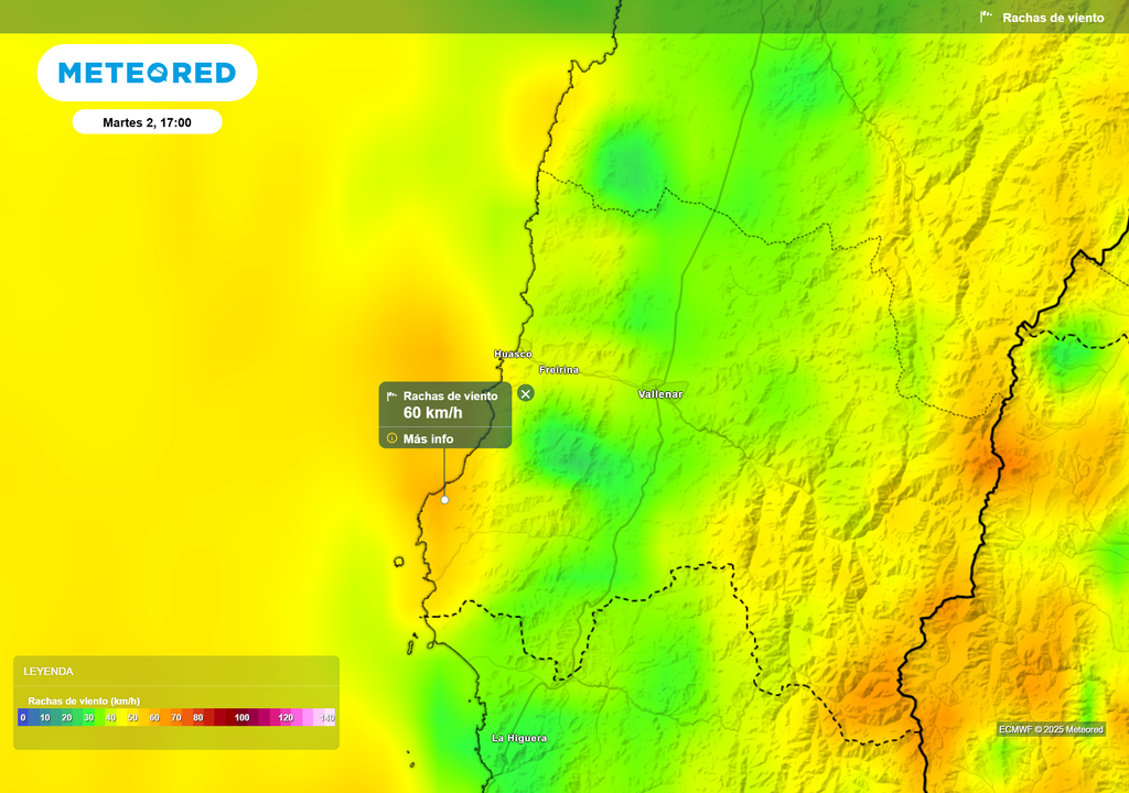 Rachas de viento previstas para la tarde del martes 2 en la costa de Huasco: el jet costero podría generar ráfagas cercanas a 60 km/h, con mayor intensidad en sectores abiertos y expuestos.