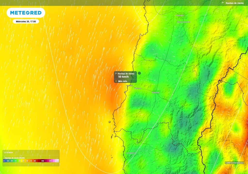 Las rachas de viento podrían alcanzar cerca de 50 o 60 km/h este miércoles en sectores del litoral de la provincia de Huasco.