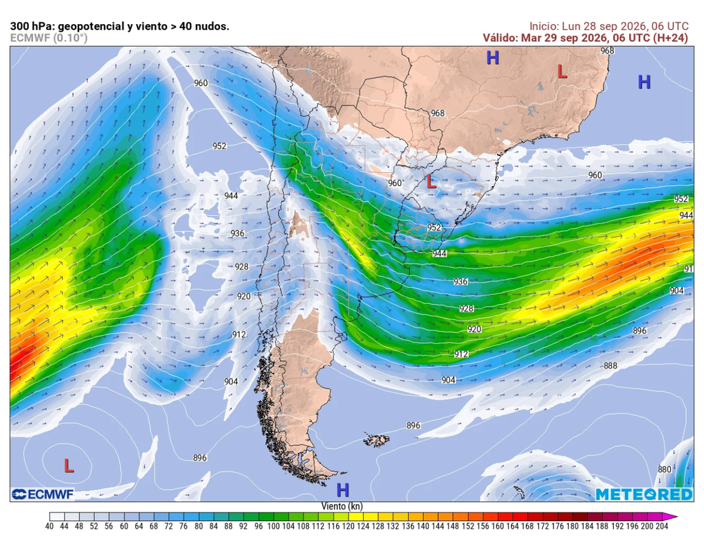 corriente en chorro. El modelo ECMWF proyecta una intensa corriente en chorro sobre el norte y centro de Chile durante este martes, favoreciendo fuertes vientos en altura.