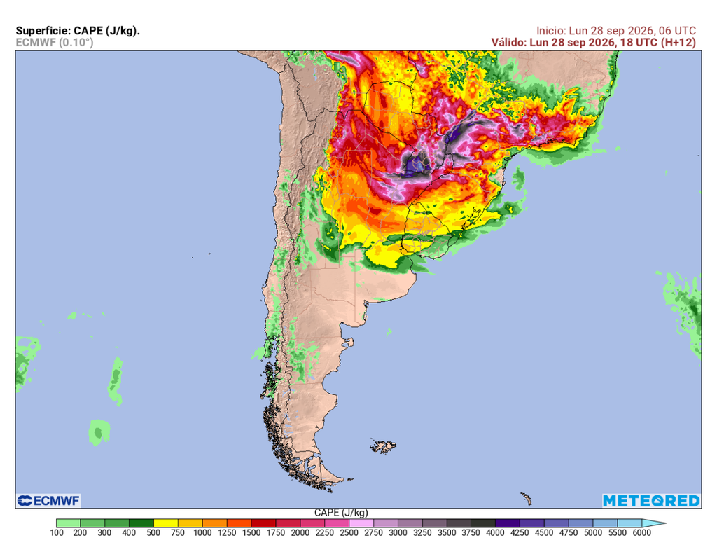 cape El modelo ECMWF muestra condiciones favorables para el desarrollo de inestabilidad atmosférica durante este lunes en sectores del centro-sur de Chile.