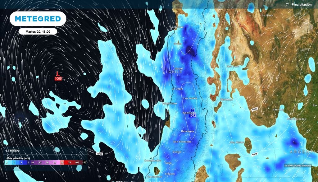 Precipitaciones entre Coquimbo y Maule durante la tarde del martes 20 de octubre, asociadas al avance de un centro de baja presión.