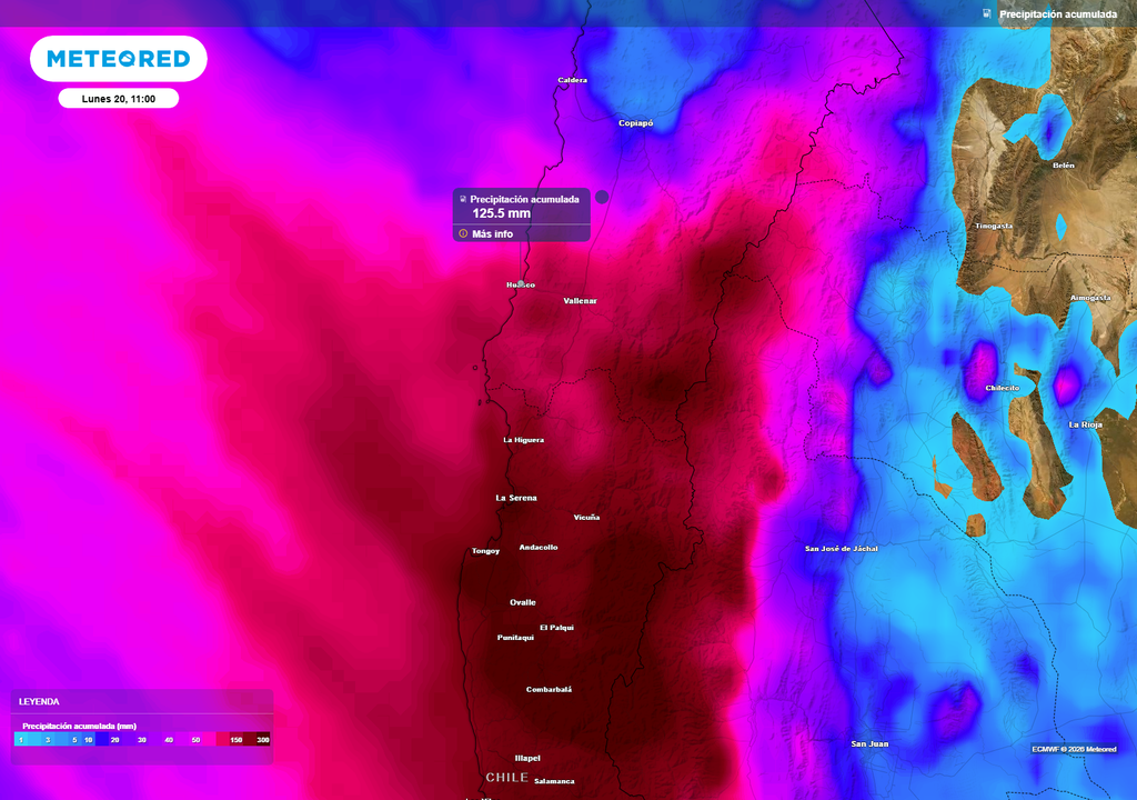 Las precipitaciones acumuladas podrían superar los 100 mm en sectores de Atacama, especialmente en la provincia de Huasco.