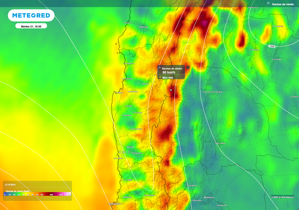 se prevén rachas de viento de hasta 90 km/h en sectores cordilleranos de Coquimbo.
