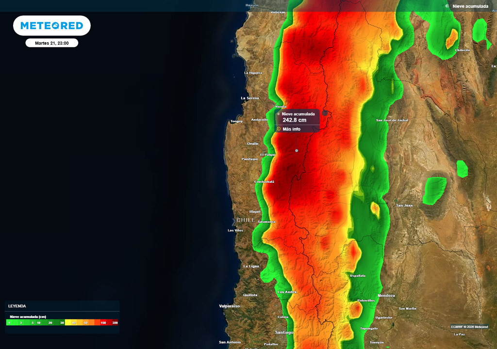 mapa de nieve acumulada. Se espera que hasta el martes en la cordillera de la región de coquimbo se acumulen sobr 2 metros.
