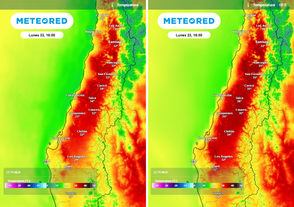 ¿Cuánto calor hará realmente? GFS eleva las máximas hasta 36°C en Talca, pero ECMWF es más conservador, con valores cercanos a 33–34°C en el valle central.