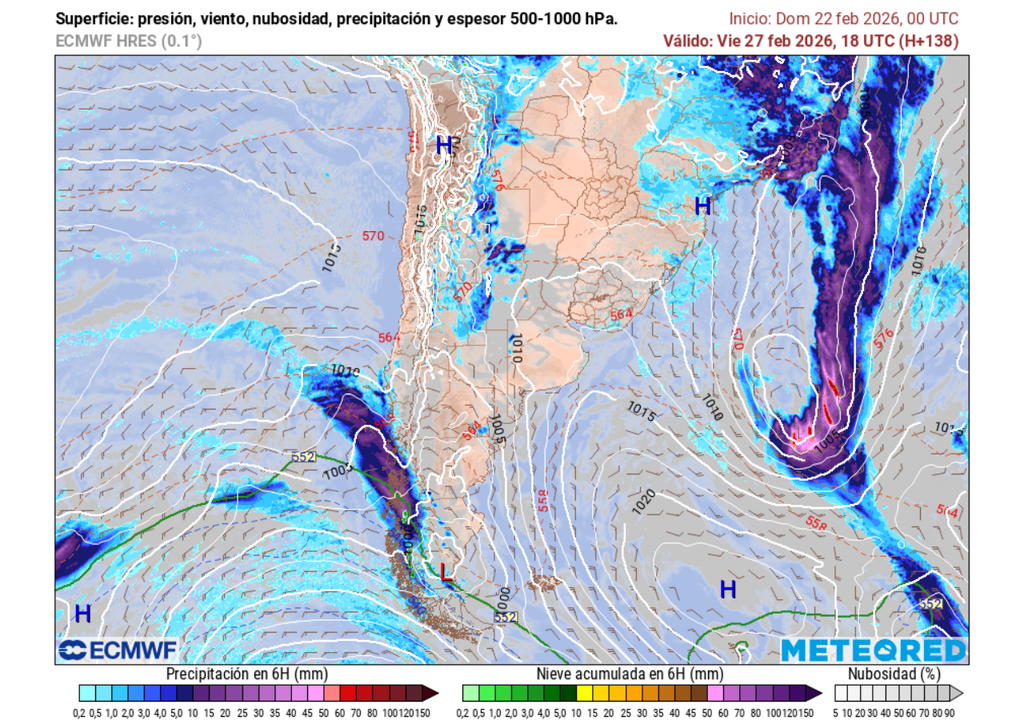 El sistema frontal se organiza en el sur y su borde norte podría alcanzar la Región del Biobío, dejando precipitaciones durante el viernes.