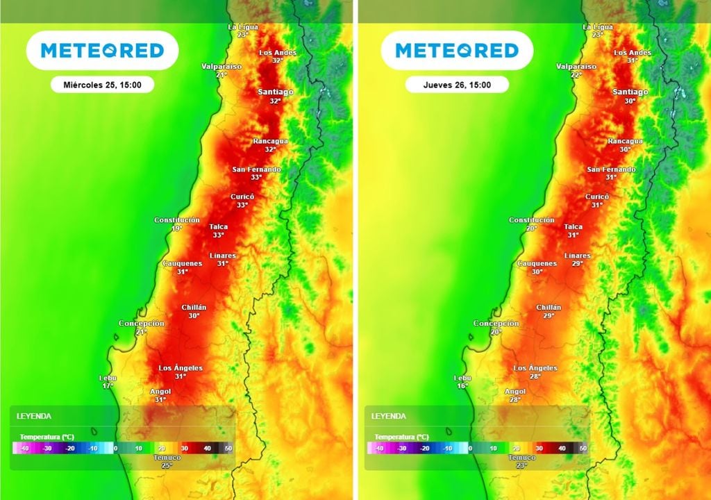 Se observa una disminución clara de las máximas el jueves en el centro-sur, reflejando el debilitamiento de la dorsal y la aproximación de un sistema frontal.