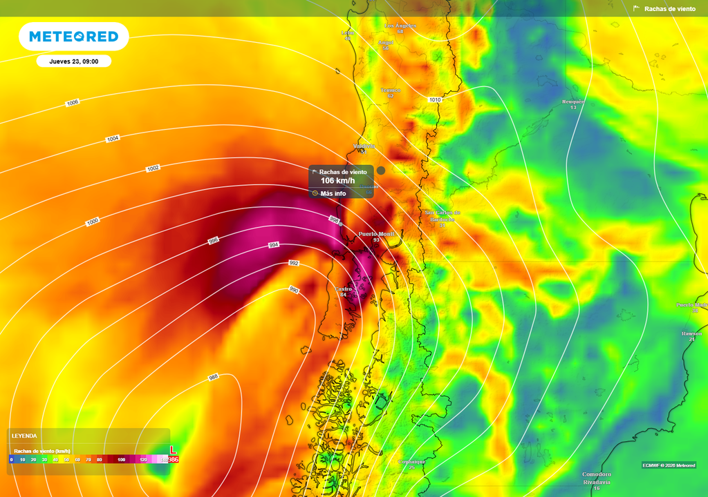 Las rachas más intensas se concentrarán durante este jueves entre Los Ríos y Los Lagos, donde el paso del frente frío podría dejar vientos superiores a 100 km/h en sectores expuestos del litoral y la cordillera de la Costa.