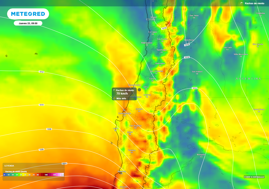 El avance del frente frío favorecerá un aumento del viento entre el Maule y Los Lagos durante este jueves, con rachas de 70 a 100 km/h, especialmente en sectores costeros y precordilleranos del centro-sur de Chile.