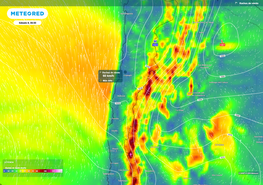 El modelo ECMWF proyecta vientos intensos en el litoral de la provincia de Huasco.