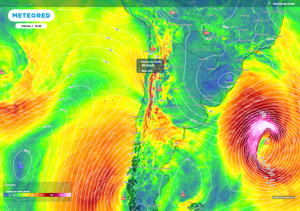 El modelo proyecta rachas intensas con valores de hasta 80 km/h en la cordillera de Coquimbo y entre 60 y 70 km/h desde Valparaíso hasta Biobío.