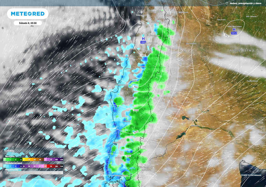 Se prevén precipitaciones entre Maule y Los Lagos, con posibilidad de aguanieve en sectores interiores y precordilleranos de Maule, Ñuble y Biobío.