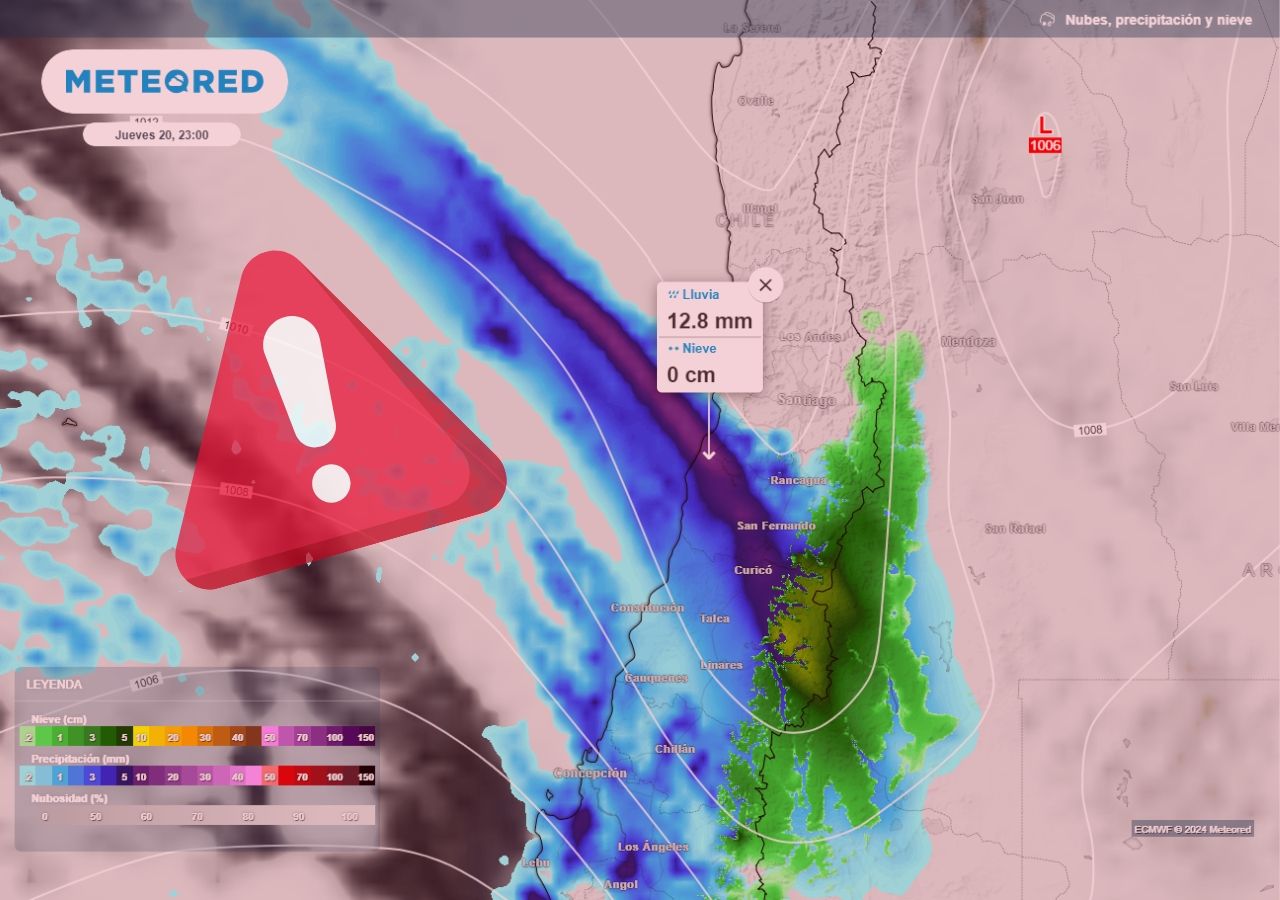Las fuertes precipitaciones podrían superar los 10 mm/h en su avance por la zona central de Chile.