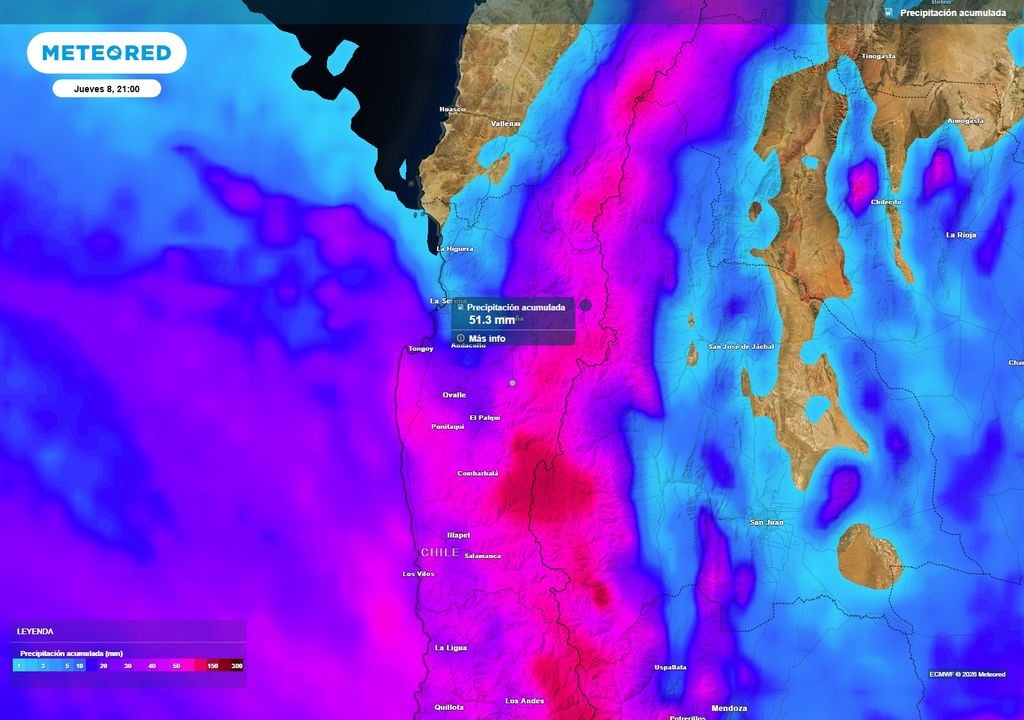 El modelo europeo proyecta acumulados de precipitación superiores a 50 mm en sectores de la Región de Coquimbo hasta la noche del jueves 8.