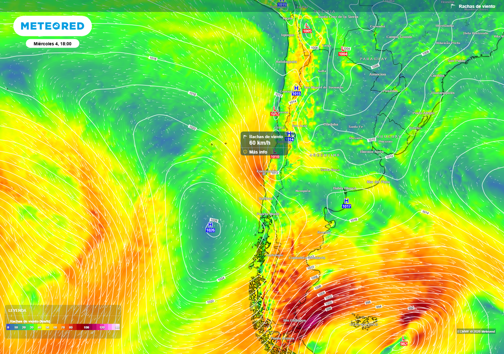 El modelo proyecta rachas cercanas a 60 km/h entre Maule y Biobío, mientras en Magallanes los vientos podrían alcanzar entre 80 y 100 km/h, con isobaras más estrechas que evidencian un fuerte gradiente de presión y un escenario marcadamente ventoso en el sur del país.