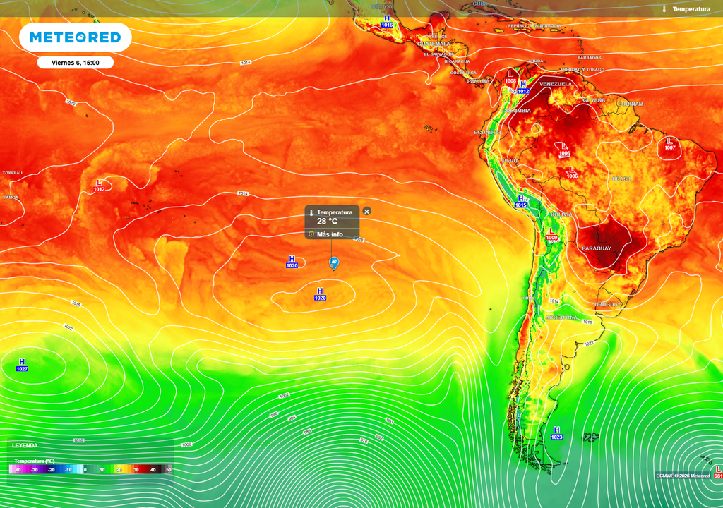 Mapa muestra el dominio de altas presiones sobre el Pacífico, favoreciendo estabilidad y temperaturas entre 27 y 29 °C en Rapa Nui, con ambiente cálido y sin precipitaciones relevantes en los próximos días, reafirmando el aviso meteorológico de la DMC.
